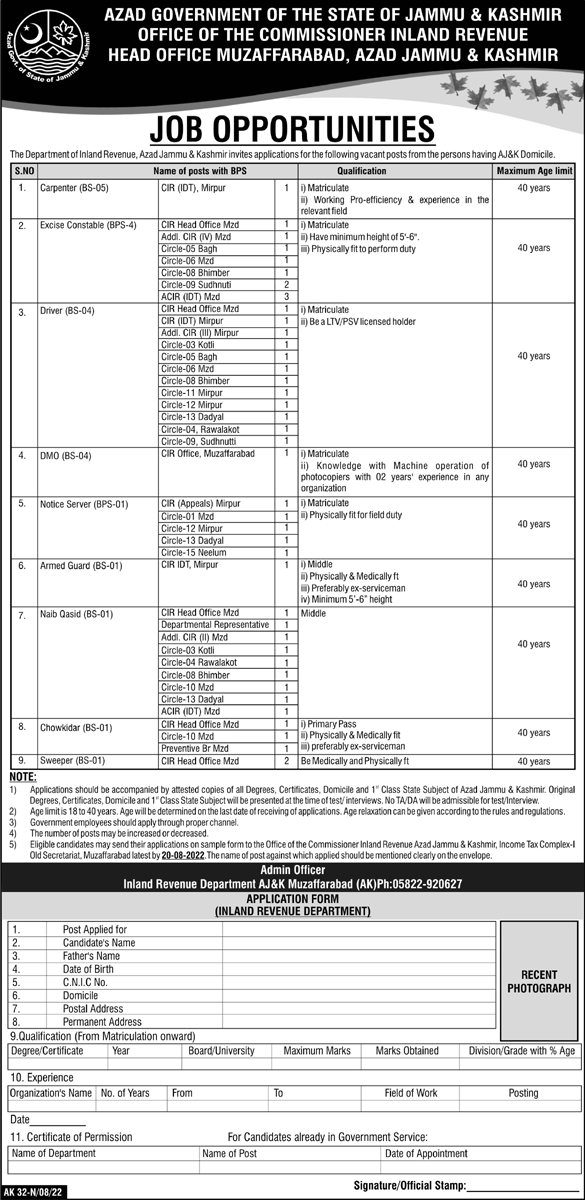 AJK Government The Department of Inland Revenue Jobs